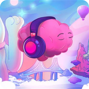 A pink cloud wearing headphones