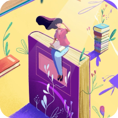 Illustration of a woman sitting on a book.