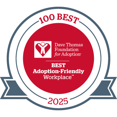 The Dave Thomas Foundation for Adoption 100 Best Adoption-Friendly Workplaces 2025 badge.