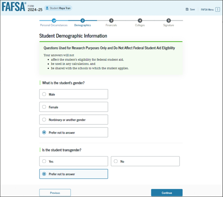 Fafsa guide screenshot student demographics