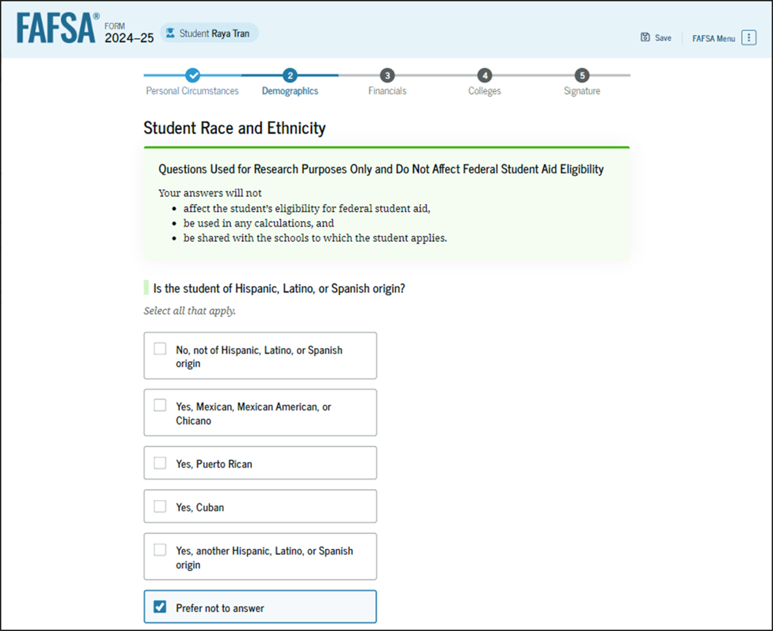 Fafsa guide screenshot student race and ethnicity