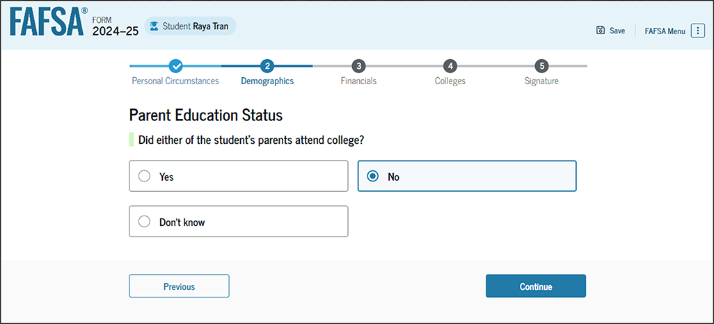 Fafsa guide screenshot parent education status