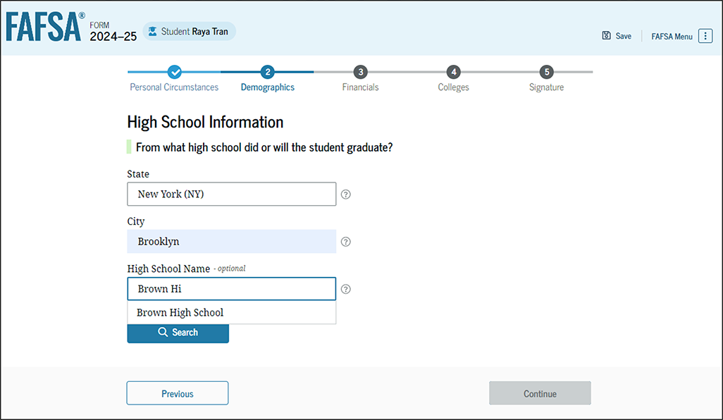 Fafsa guide screenshot student high school information