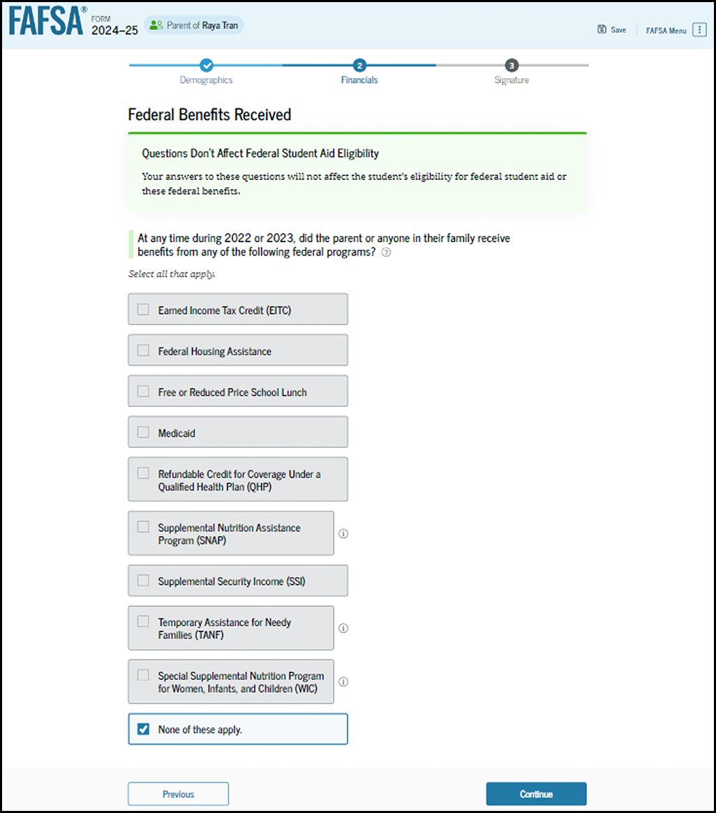 Fafsa guide screenshot federal benefits received
