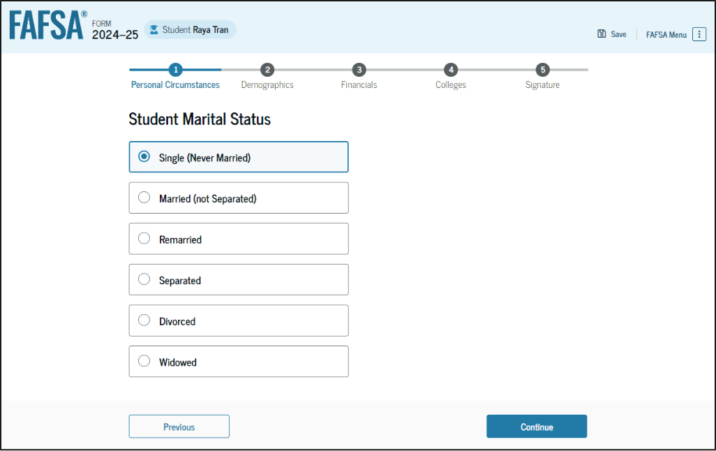 Fafsa guide screenshot of current marital status.