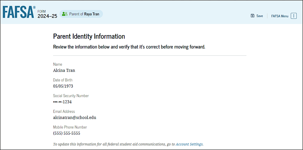 Fafsa guide screenshot parent identity