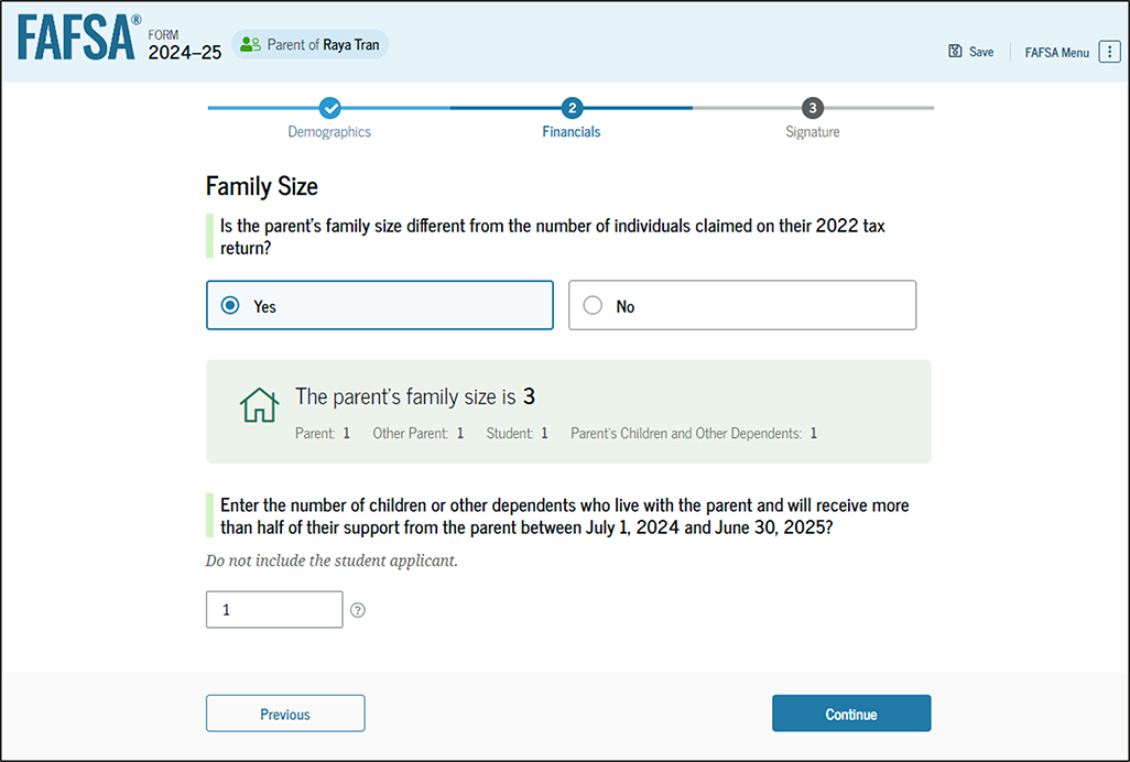 Fafsa guide screenshot family size