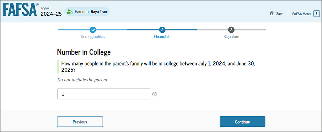 Fafsa guide screenshot number in college