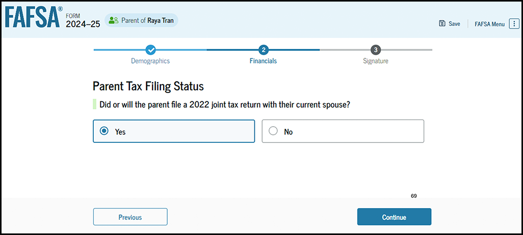 Fafsa guide screenshot parent filing status