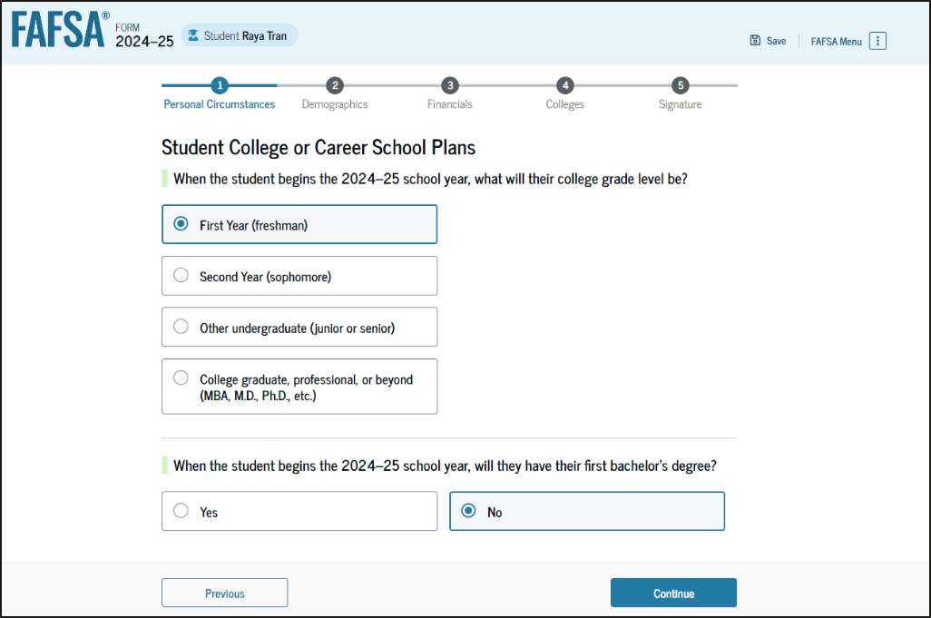 Fafsa guide screenshot of student college or career school plans.