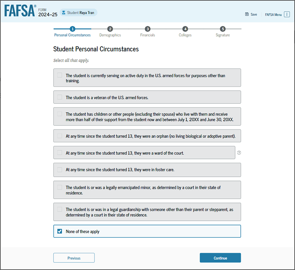 Fafsa guide screenshot of student personal circumstances.