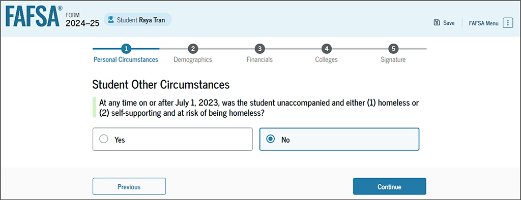 Fafsa guide screenshot of student other circumstances.