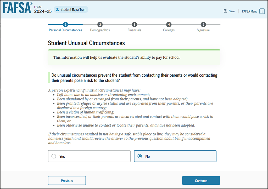 Fafsa guidr screenshot of student other circumstances.