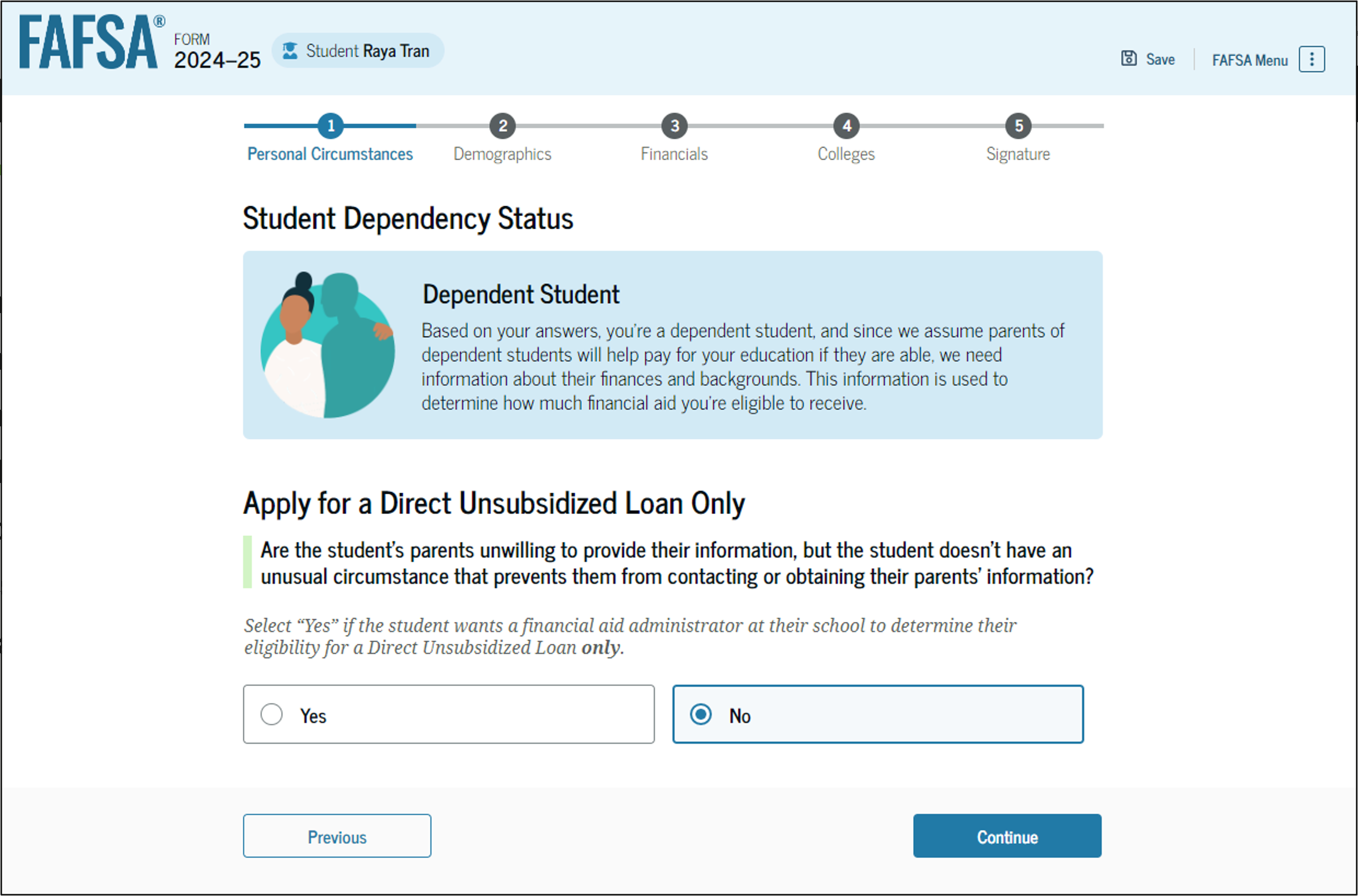 Fafsa guide screenshot of apply for a direct unsubsidized loan only.