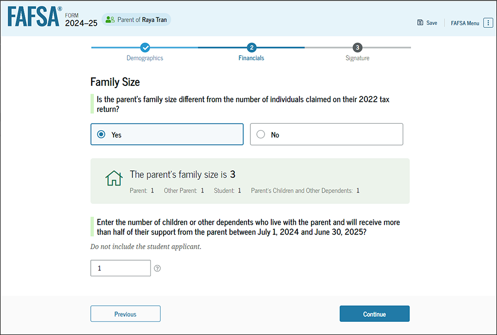 Fafsa guide screenshot of family size.