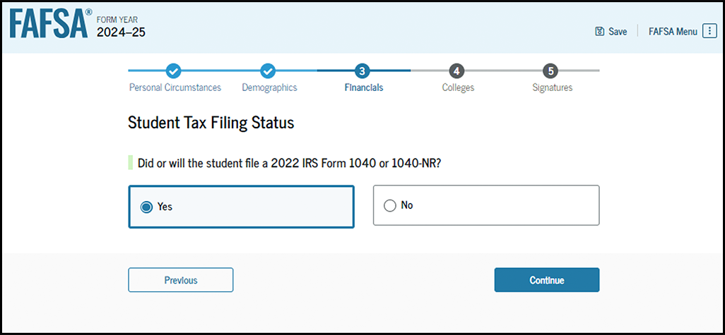 FAFSA guide screenshot student tax filing status