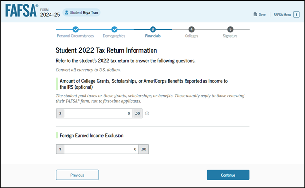 FAFSA guide screenshot student tax return information