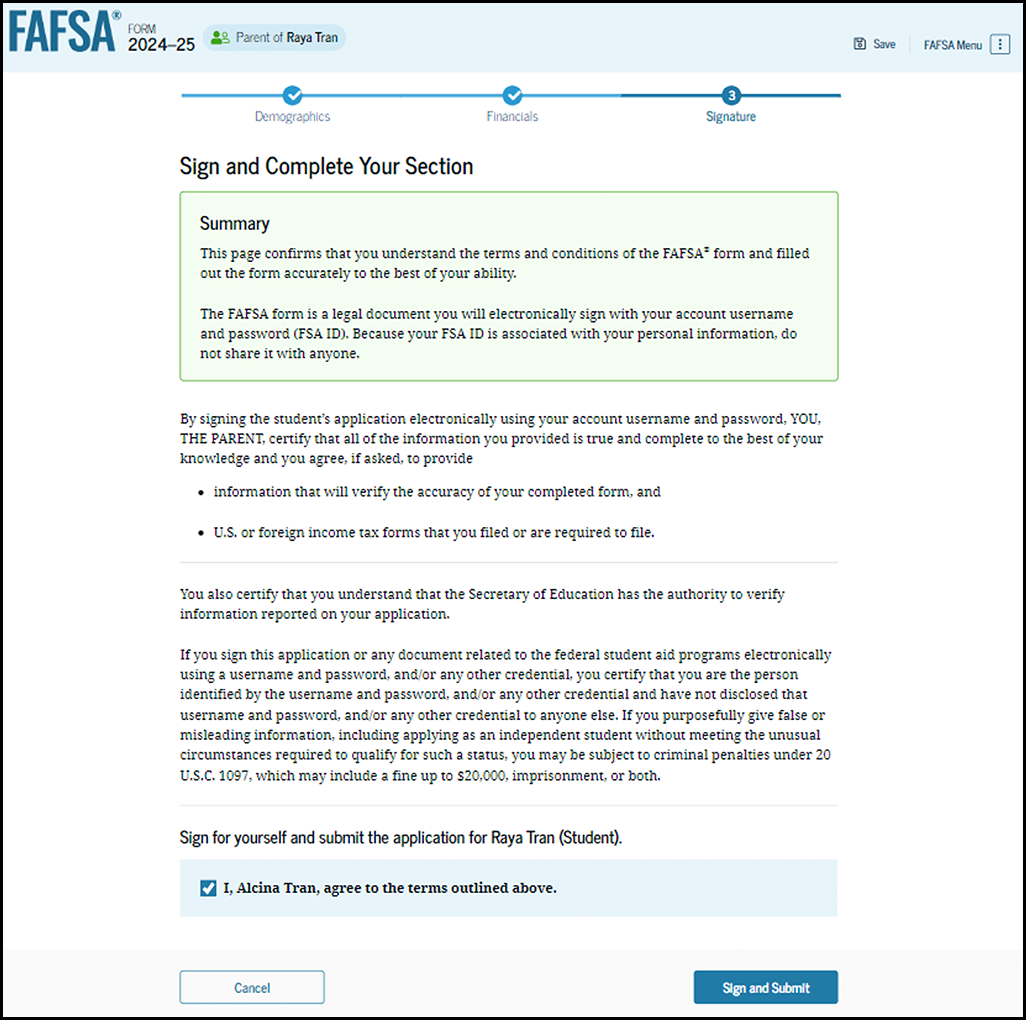 Fafsa guide screenshot student consent and signature