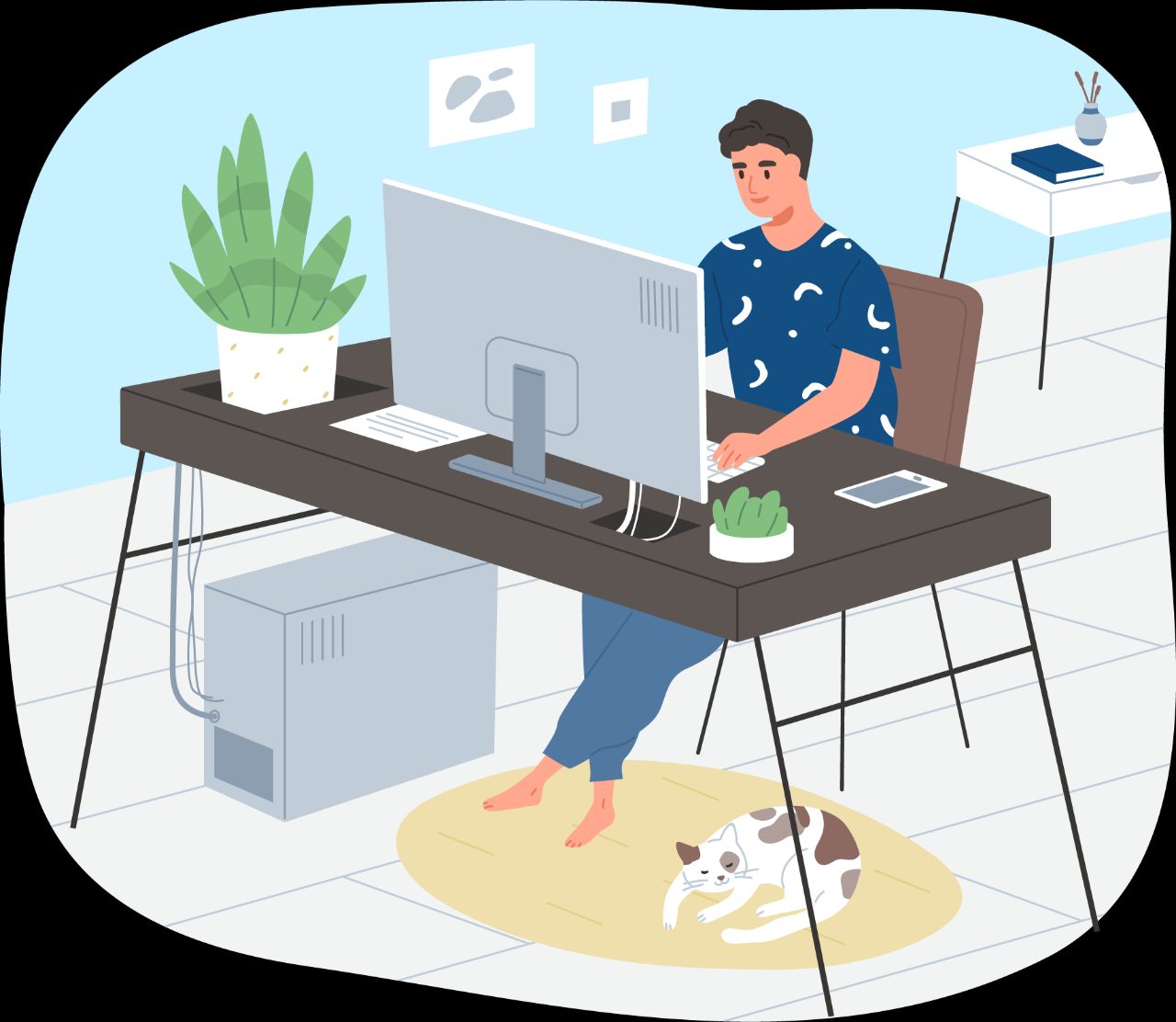 An illustration of a boy doing homework on his bed with a cat on his shoulder