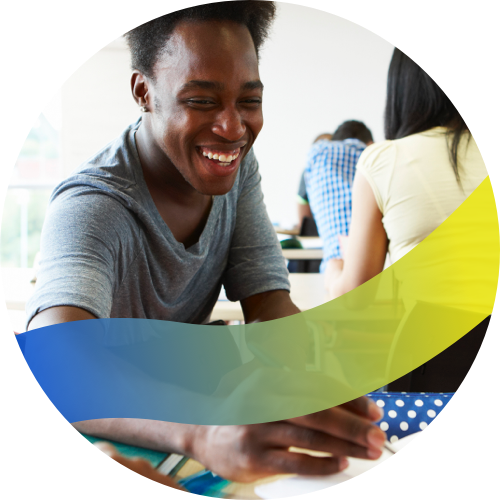 A photograph featuring a joyful male graduate student silhouetted in a circle with a blue and yellow gradient journeyline running across the image.